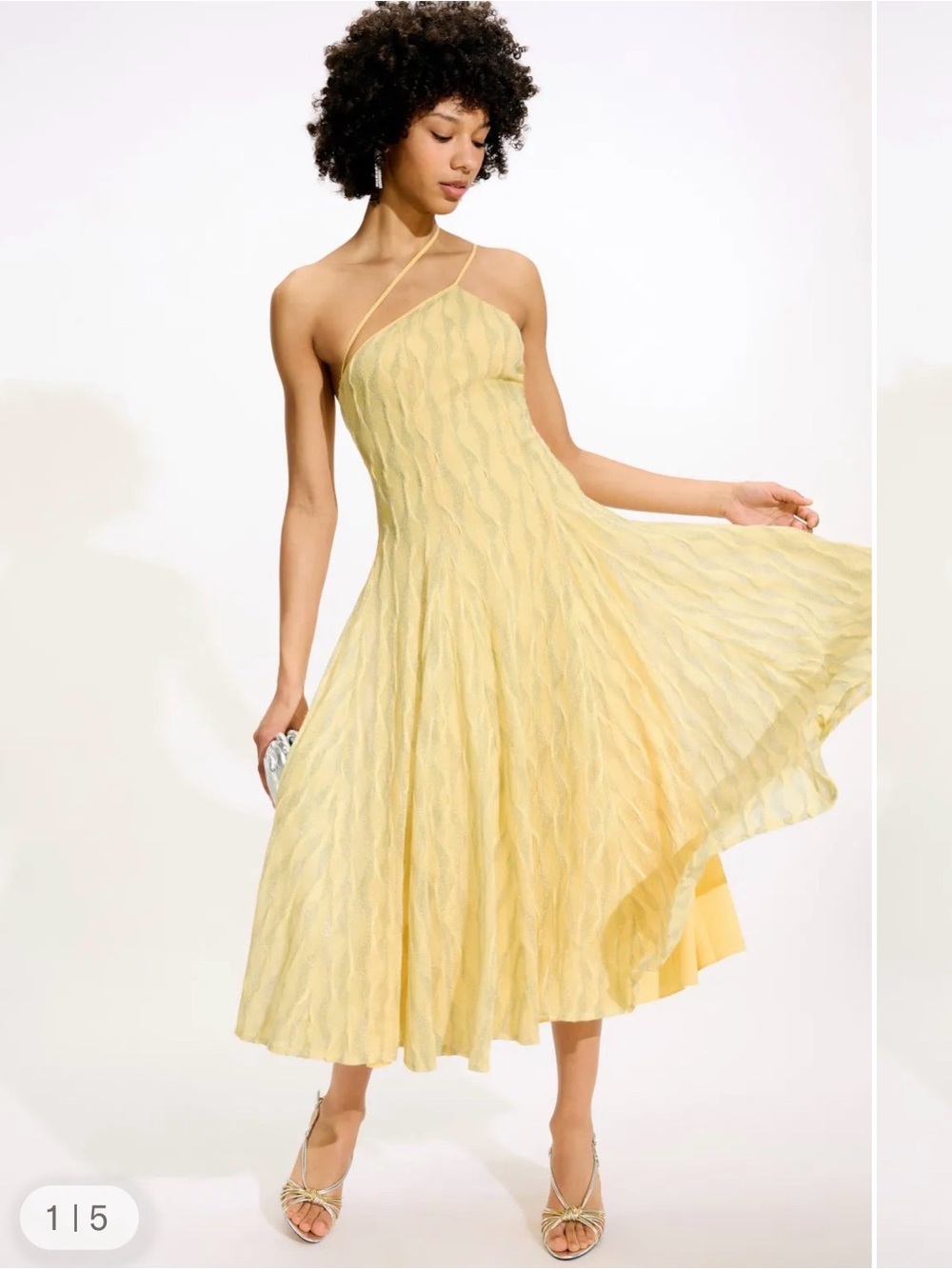 $435 Black Halo Pale Yellow One-Shoulder Midi Dress